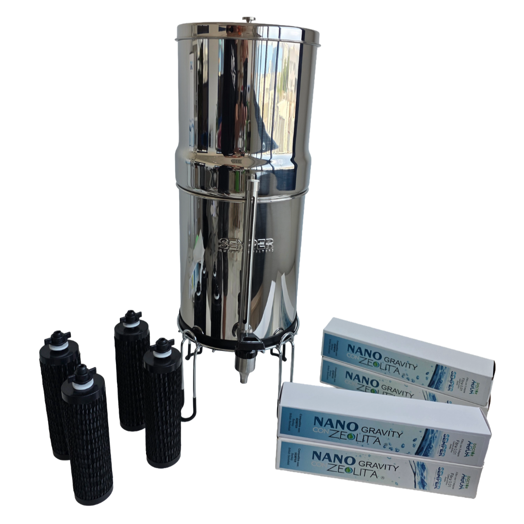 SEMPER - Gravedad 8,5L + 4 filtros Nano Gravity Max con Zeolita + Soporte + Grifo medidor